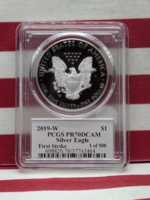 2019-W American Silver Eagle, U.S. Mint AIP Master Designer, PCGS PR70DCAM, First Strike, 1 of 500