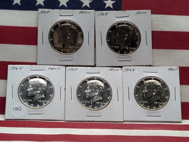 (5) 1964-P Extremely High Grade Silver Proof Kennedy Halves All MS