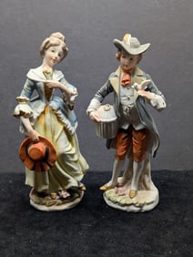 Rococo Style 1950's to 1960's Hand Painted Bisque Porcelain Courting Couple Colonial Figurines - AR