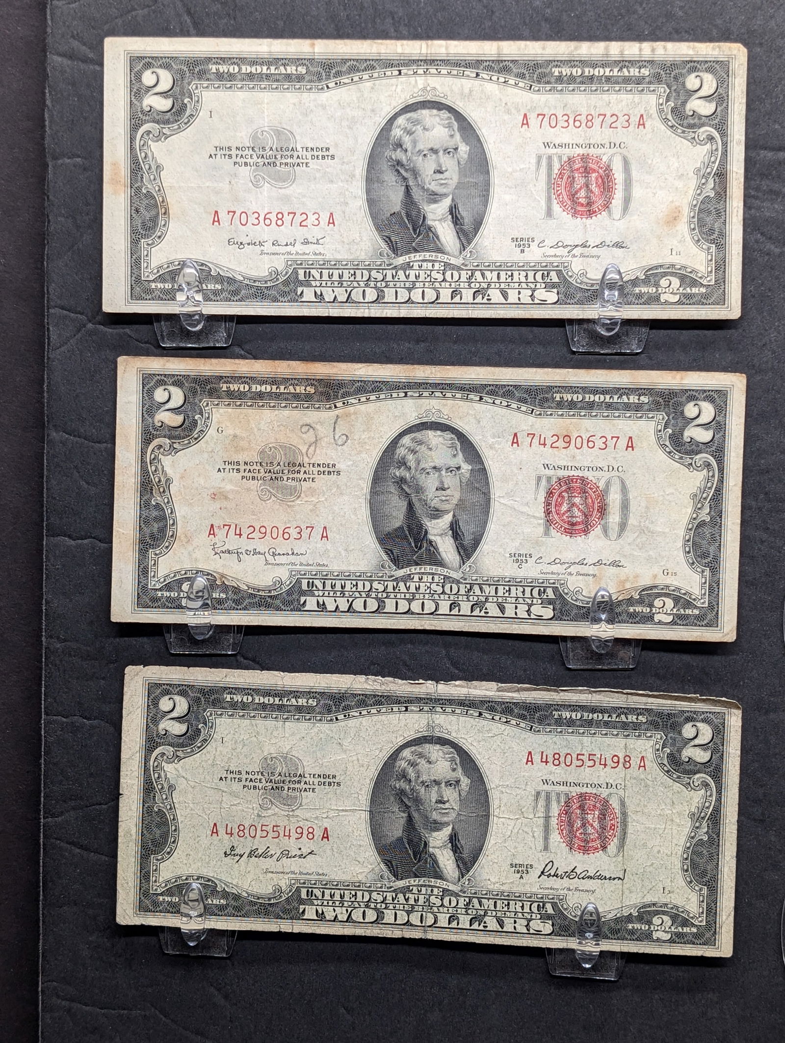 1953 A, B, & C Circulated Red Seal $2.00 Federal Reserve Notes (1 of 3)