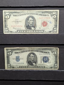 1934-D Blue Seal Silver Certificate And A 1953 Red Seal Five Dollar U.S. Note