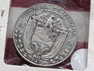 1947 Panama 1/2 Balboa Silver Coin 90% Silver, 12.5 Gr.