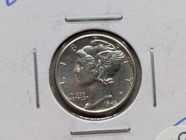 1943-D Mercury Dime. AU/BU. WWII Era. 90% Silver