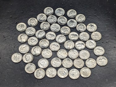 50, 1960-D Silver Roosevelt Dimes In An Unchecked Roll, Possible MS 60 to MS 70