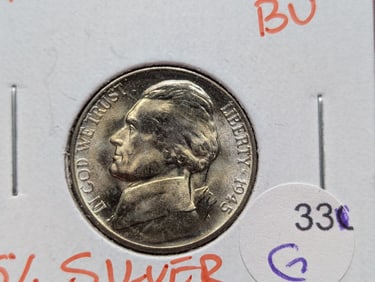 1945-D GEM BU. 35% Silver Jefferson Nickel. War Time Era