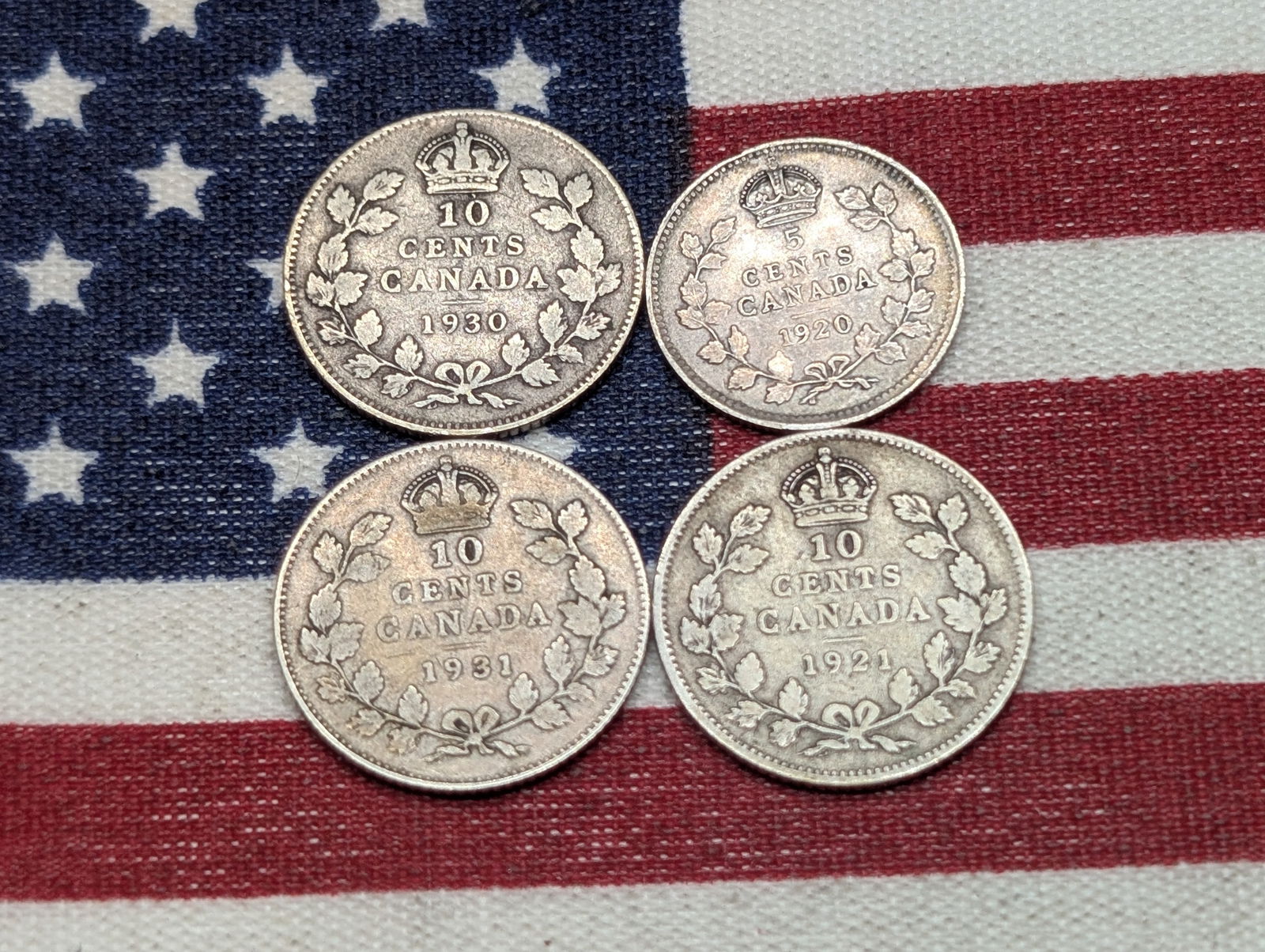 Lot of (4) .800 Silver Canada Coins - 1921, 1930, & 1931 10 Cent and 1920 5 Cent (1 of 2)