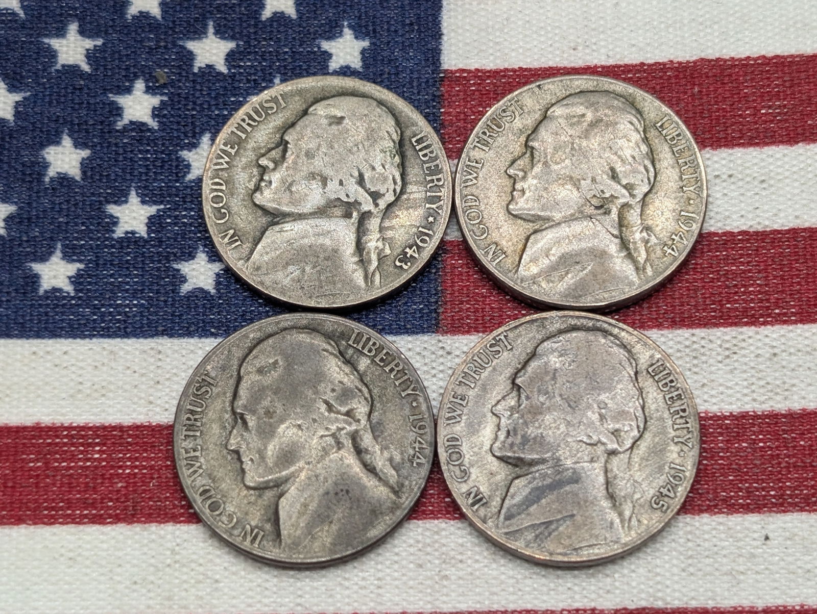 (4) Jefferson Nickels  (2) 1944-P, 1943-P, 1945-P, All 35% Silver (1 of 2)