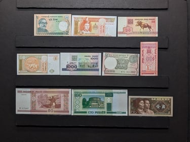 10 Foreign, Crisp-Unc, Notes, Great Art!