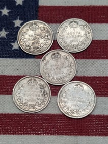 5-1916, 1917, 1918, 1919 .925% Sterling Silver, 1920 80% Silver Canada 5c, Over 100 Years Old!