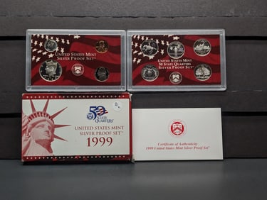 1999 -S U.S. Mint Silver Proof Set In OGP With COA, Seven 90% Silver Coins