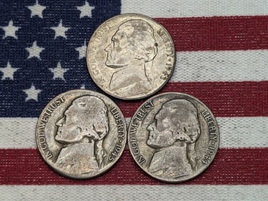1943-P, 1944-P, & 1945-P Jefferson Nickels, 35% Silver