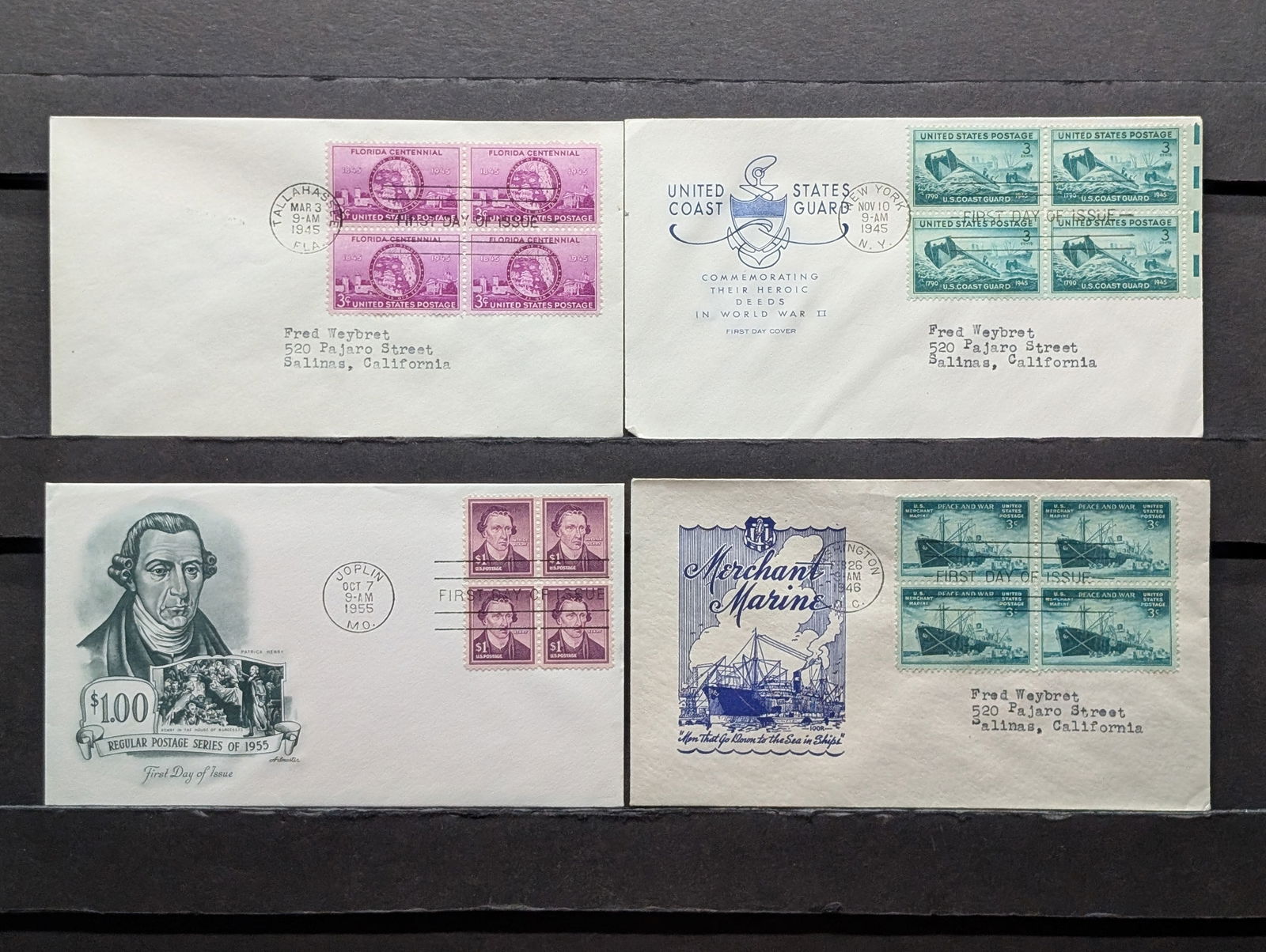 (4) Four Block First Day Covers & Cachets, 1945, 1946, & 1955 (1 of 5)