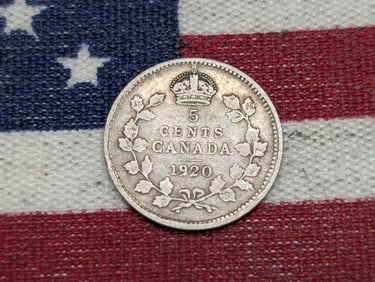 1920, 80% Silver- Details Crown & Wreath, Canada 5c, 105 Years Old