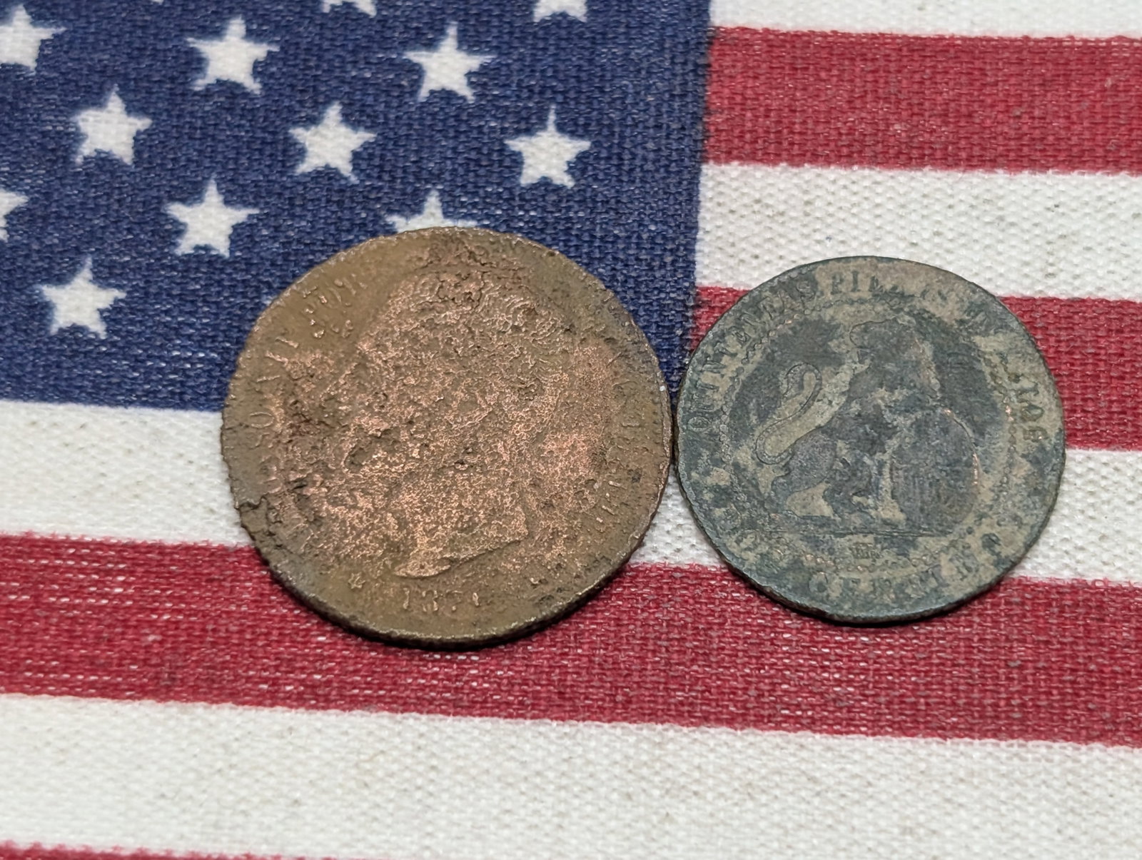 2 Spain Coins, 1876 2 Centimes & 187?: 2 Spain Coins, 1876 2 Centimes & 187?