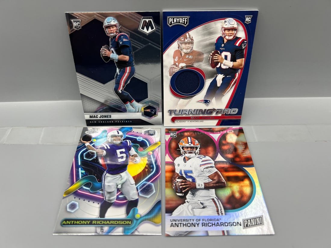 Lot of (4) Mac Jones & Anthony Richardson Football Rookie Cards - 1 Relic: Lot of (4) Mac Jones & Anthony Richardson Football Rookie Cards - 1 Relic