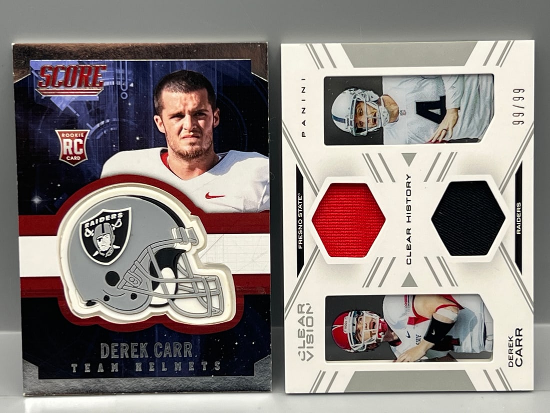 2014 Panini Score Derek Carr Team Helmets RC Commemorative Patch & 2015 Panini Clear Vision Derek (1 of 2)