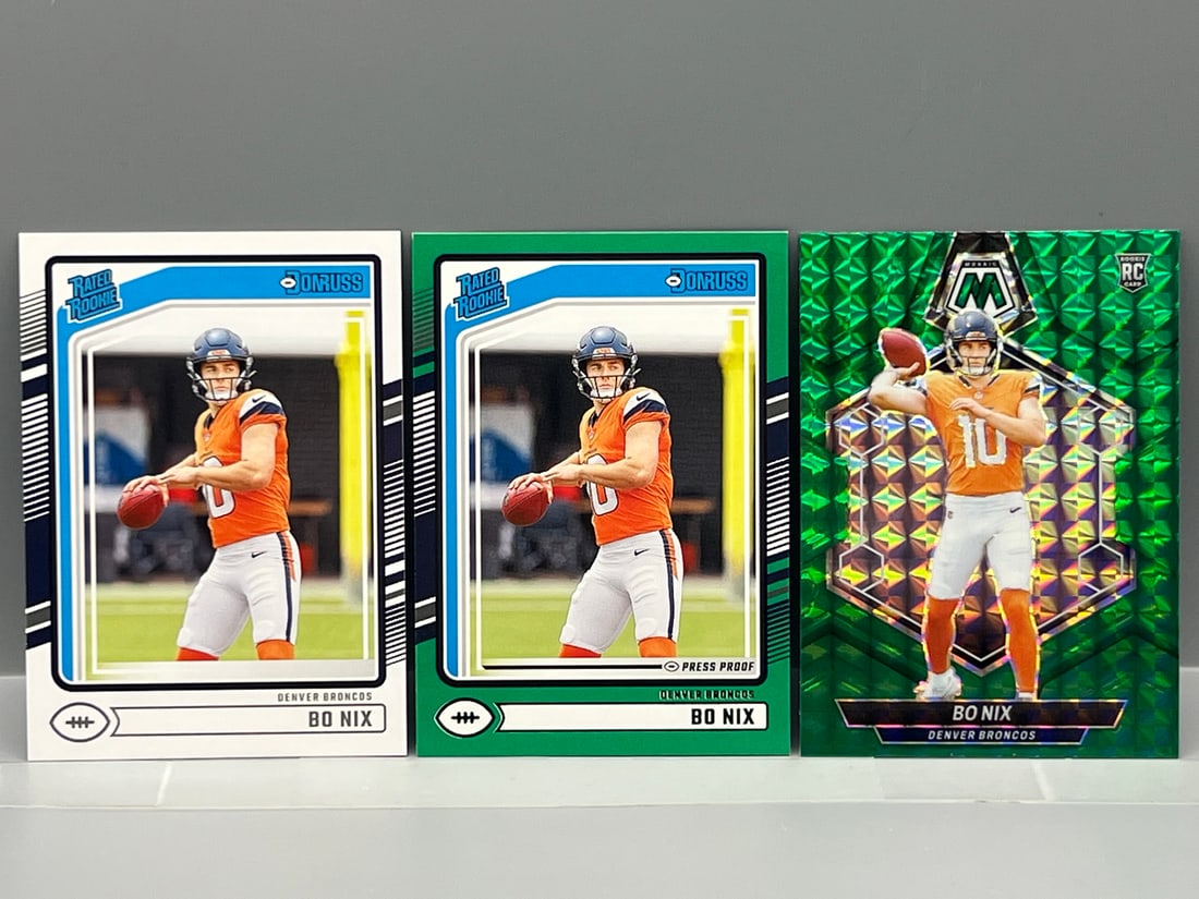 Lot of (3) Bo Nix Football Rookie Cards - Donruss Press Proof Green, Mosaic Green Prizm (1 of 2)