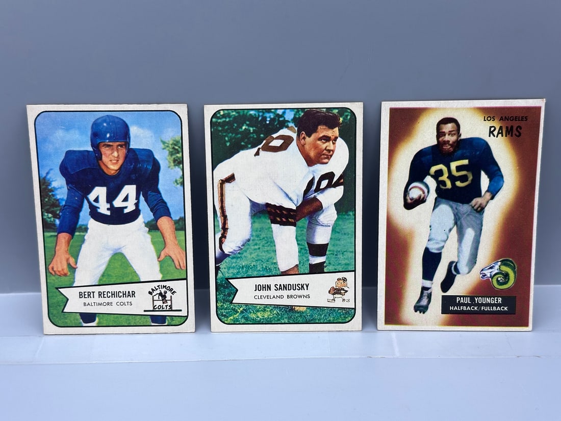 1954 & 1955 Bowman Football Lot of 3 - John Sandusky, Bert Rechichar, Paul Younger (1 of 2)