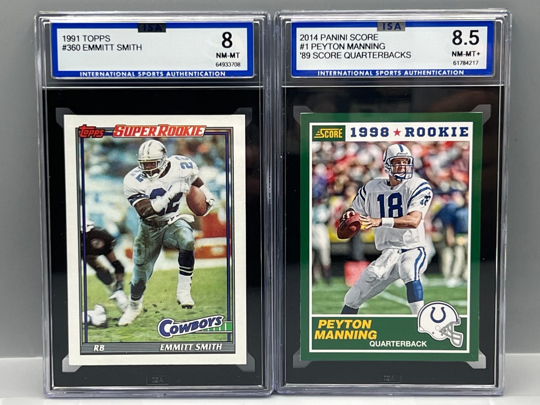 1991 Topps Emmitt Smith #360 & 2014 Panini Score Peyton Manning #1 - Both Slabbed By ISA Grading (1 of 2)