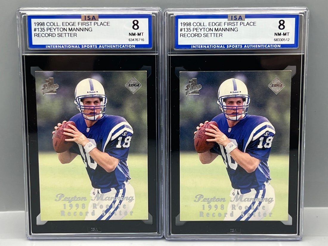Lot of (2) 1998 Collector's Edge First Place Peyton Manning Record Setter RCs #135 - Both Slabbed By (1 of 2)