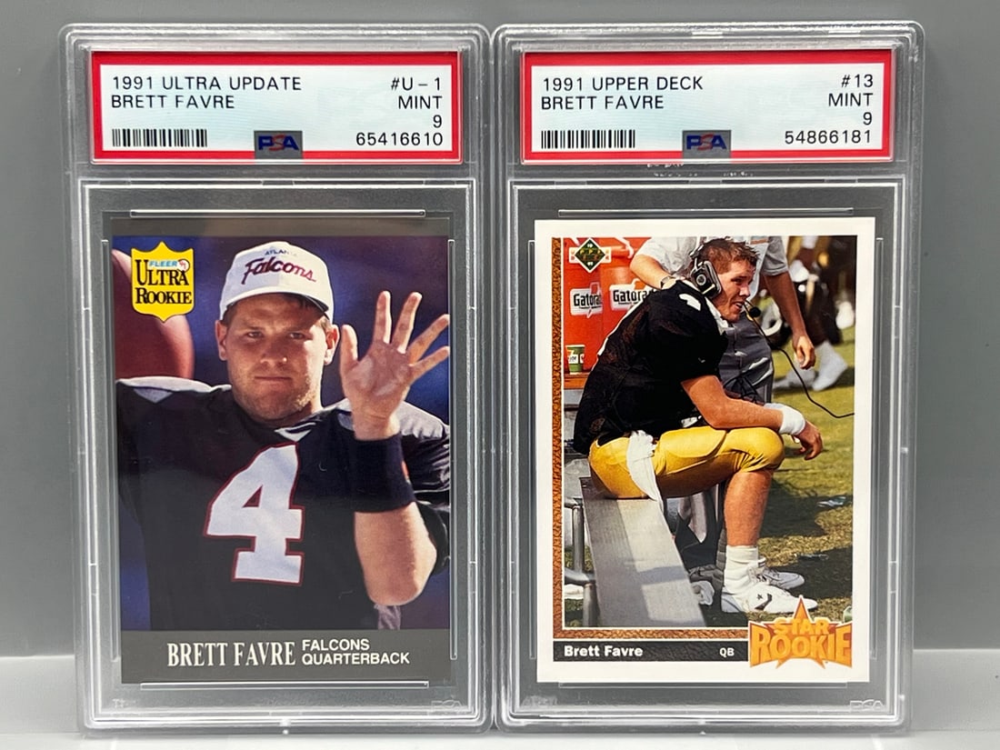 1991 Fleer Ultra Update Brett Favre RC #U-1 PSA Mint 9 & 1991 Upper Deck Brett Favre RC #13 PSA Mint (1 of 2)