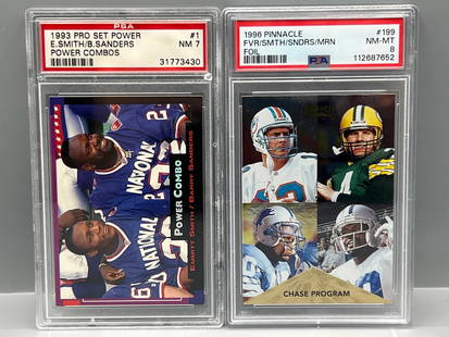 1993 Pro Set Power Emmitt Smith/Barry Sanders Power Combos #1 PSA NM 7 & 1996 Pinnacle: 1993 Pro Set Power Emmitt Smith/Barry Sanders Power Combos #1 PSA NM 7 & 1996 Pinnacle Favre/Smith/Sanders/Marino #199 PSA NM-MT 8