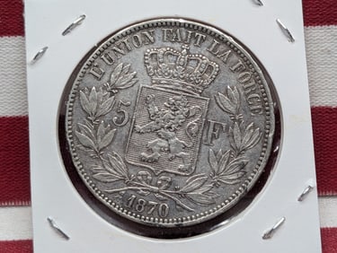 1870 Belgium 5 Francs 90% Silver