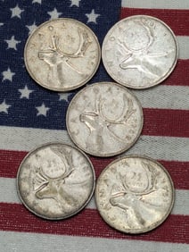 (4) 1951 & (1) 1952 Canadian Quarters, All 80% Silver