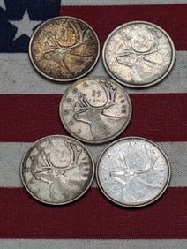 (5) Canadian Quarters, 1942, 1943, 1950, 1957, & 1966, 80% Silver