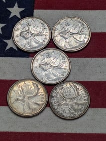 (5) 1968 Canadian Quarters, 80% Silver