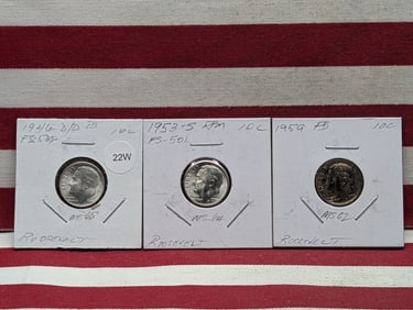 (3) Roosevelt Dimes  1946-D/D, 1953-S, 1959, 90% Silver