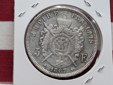 1867 Empire of France 5 Francs, Napoleon The Third, 90% Silver