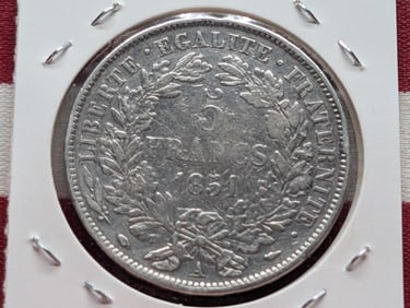 1851-A France 5 Francs, 90% Silver, 25 Gr.