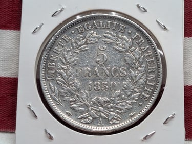 1850-A France 5 Francs, 90% Silver, 25 Gr.