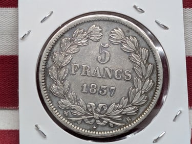 1837-B France 5 Francs, 90% Silver, 25 Gr.