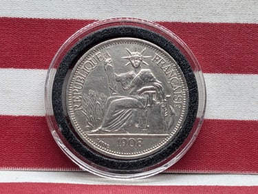 1908-A French Indochina 1 Piastre, 90% Silver, 27 Gr.