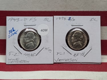 (2) Jefferson Nickels  1943-D (35%) Silver, 1954-S/D