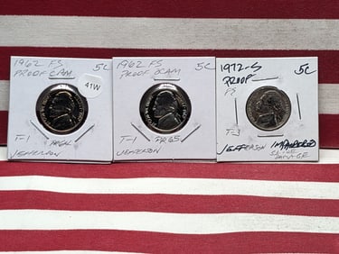 (3) Jefferson Nickels Proof Cam  1962, 1962, 1972-S   All Three Have Full Steps