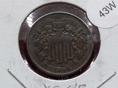 1864 Brown Large Motto Shield 2 Cent Coin, Strong "We" In Motto