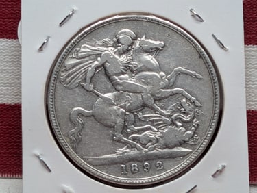 1892 British Crown, UK, 5 Shillings, Queen Victoria, Sterling Silver (.925)