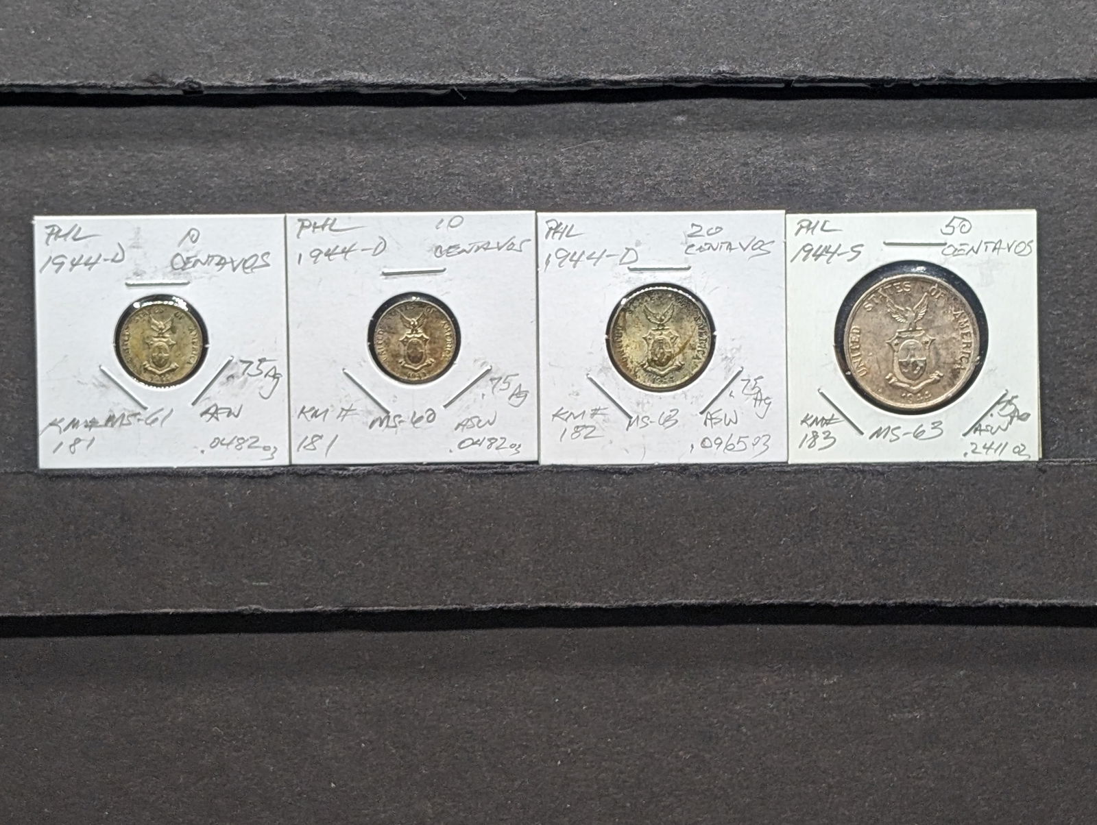 (4) 75% Silver Philippine Coins 1944-S Fifty Centavos, 1944-D Twenty Centavos, (2) 1944-D Ten (1 of 5)