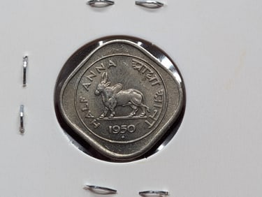 1950 India, Half Anna, Lion Capital of Asoka, Indian humped bull (zebu)