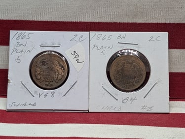 (2) 1865 Shield Two Cent Coins, BN Plain 5
