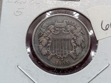 1865 Fancy  Five Shield Two Cent Coin, Visible "WE"