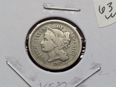 1867 Liberty 3 Cent Copper Nickel Coin