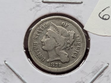 1874 Liberty 3 Cent Copper Nickel Coin