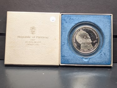 1971 Republic of Panama 20 Balboas 92.5% Silver Coin in OGP with COA, 129.59 Grams/ASW 3.8539 Oz.