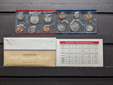 1986 P&D U.S. Mint 10-Coin UNC Set in OGP with COA