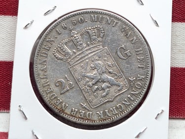1850, 2.5 Gulden, Netherlands, 94.5 % Silver