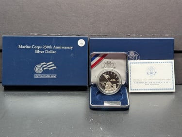 2005-P Marine Corps 230th Anniversary 90% Silver Dollar In OGP With COA